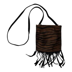 Fossil Crossbody Purse Black Suede Animal Print Fringe Inside Zipper Pocket‎
